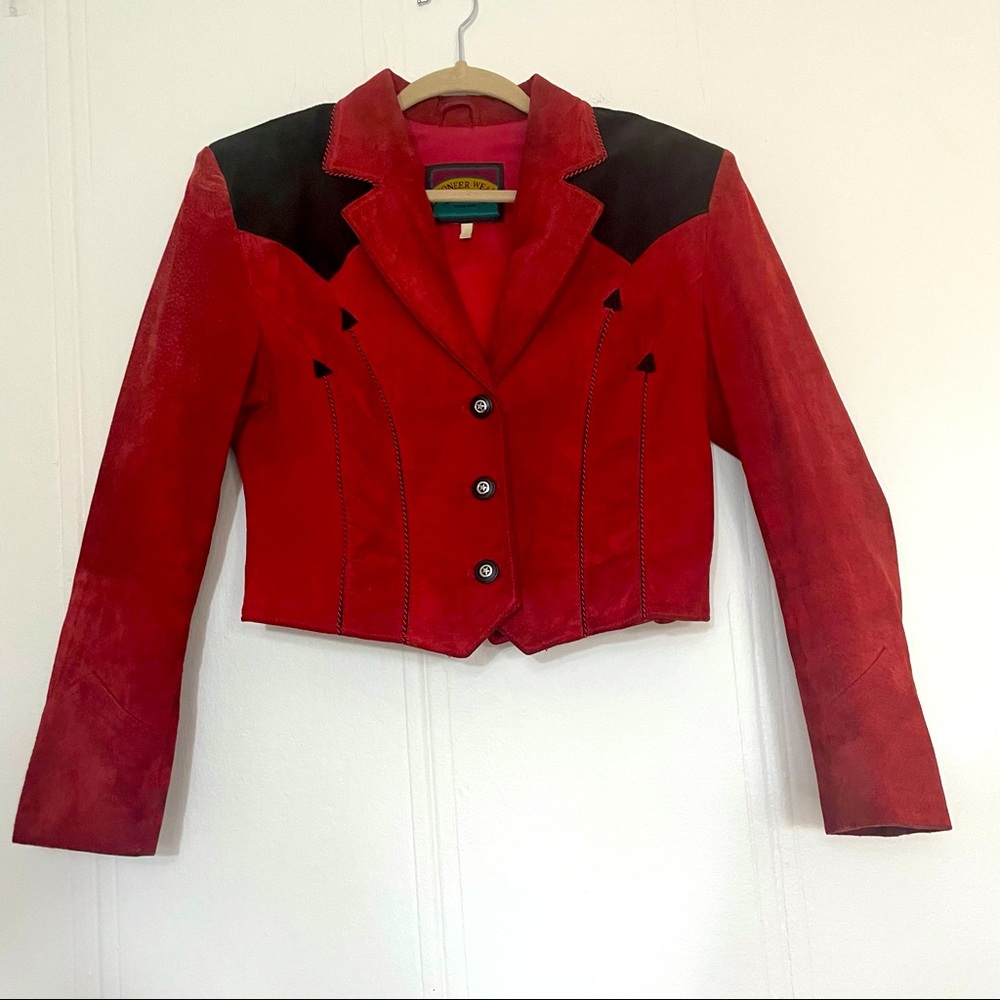Women’s Red Suede Leather Jacket with Black Shoulder Panels